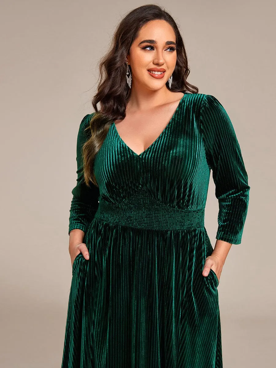 Ida | Plus Size Elegant Pleated Velvet Stretchy Tea Length Wedding Guest Dress