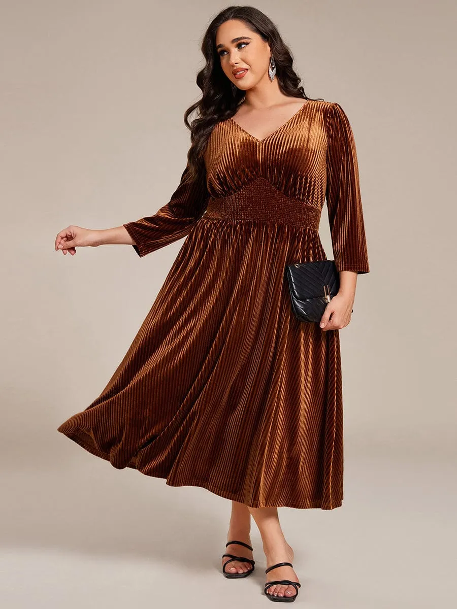 Ida | Plus Size Elegant Pleated Velvet Stretchy Tea Length Wedding Guest Dress