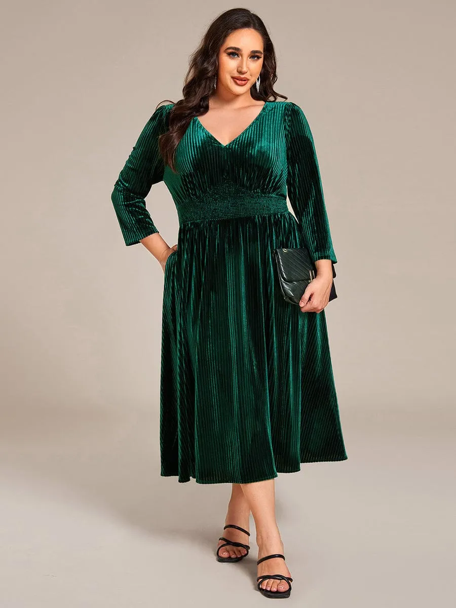 Ida | Plus Size Elegant Pleated Velvet Stretchy Tea Length Wedding Guest Dress