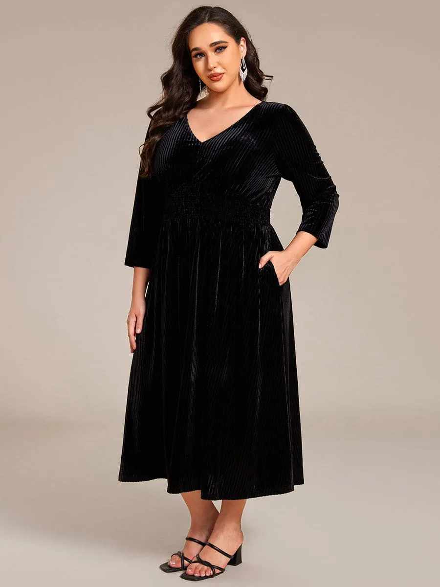 Ida | Plus Size Elegant Pleated Velvet Stretchy Tea Length Wedding Guest Dress