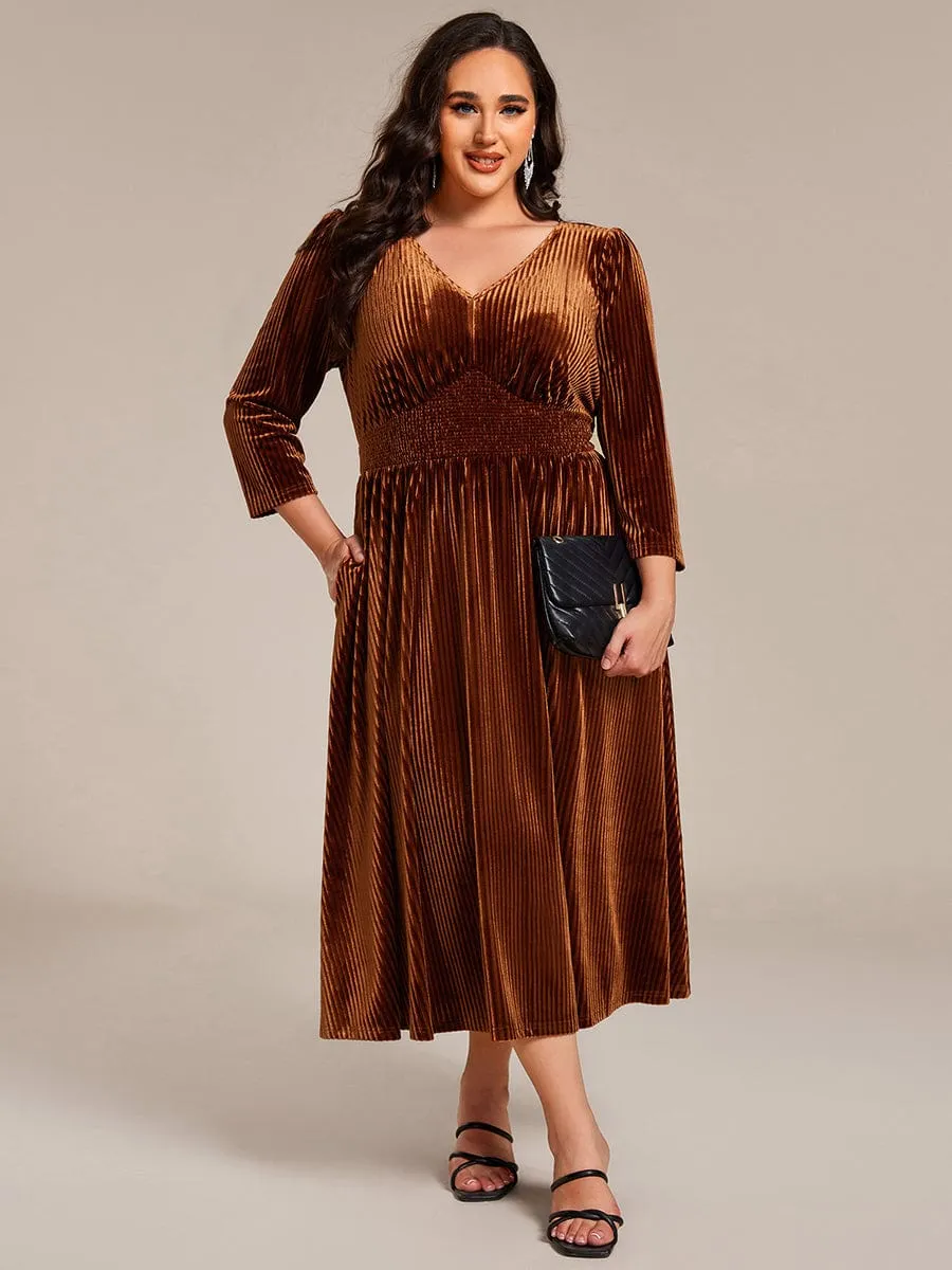 Ida | Plus Size Elegant Pleated Velvet Stretchy Tea Length Wedding Guest Dress