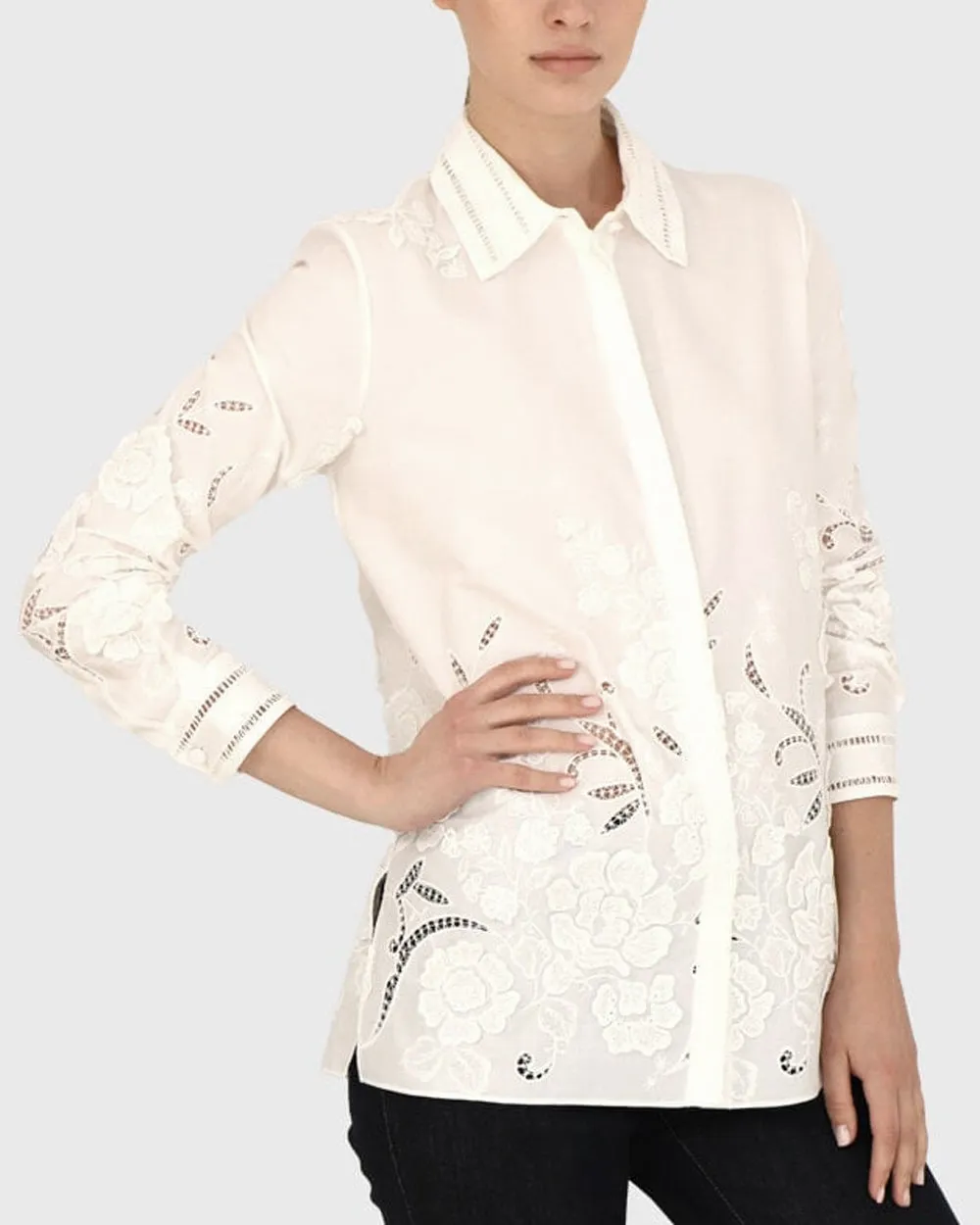 Ivory Embroidered Rococo Button Up Blouse