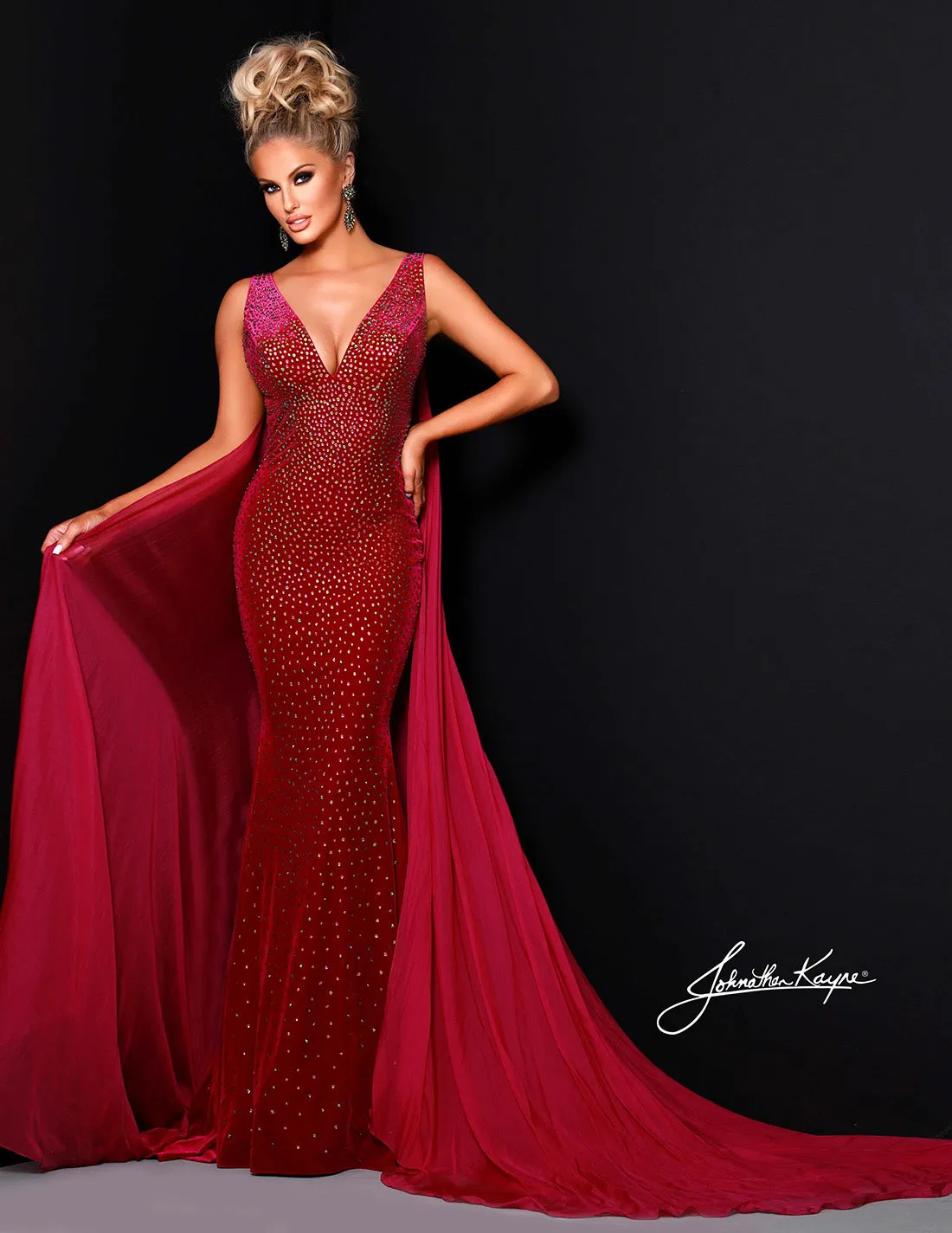 Johnathan Kayne 2308 Long Velvet Crystal Pageant Dress Prom Gown Formal V Neck Train