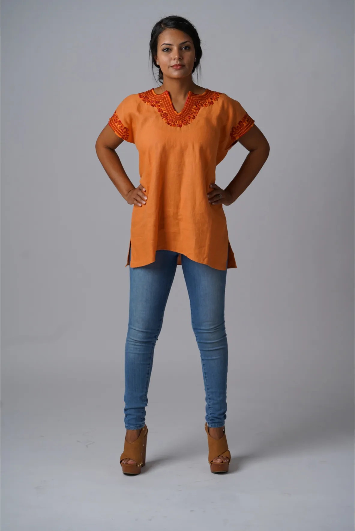 Kahlo Mexican Top - Linen -  Orange