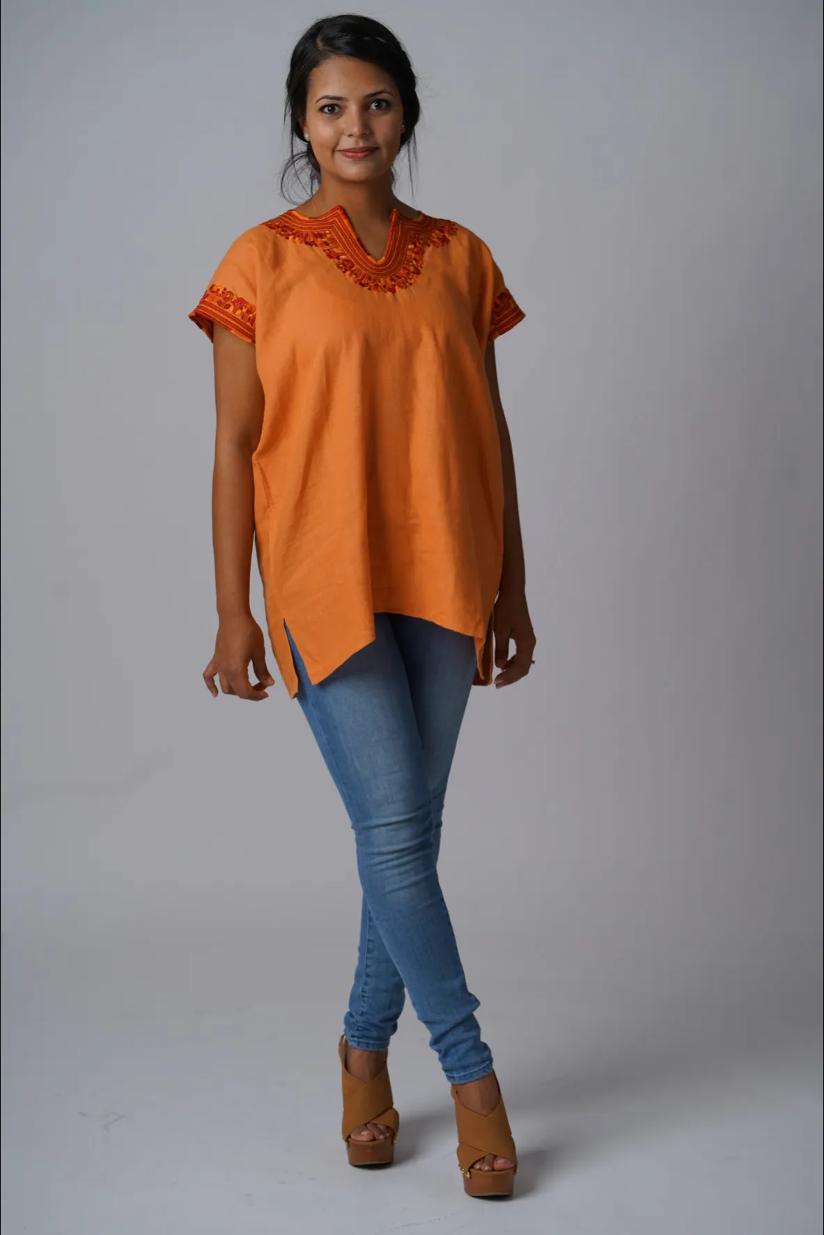 Kahlo Mexican Top - Linen -  Orange