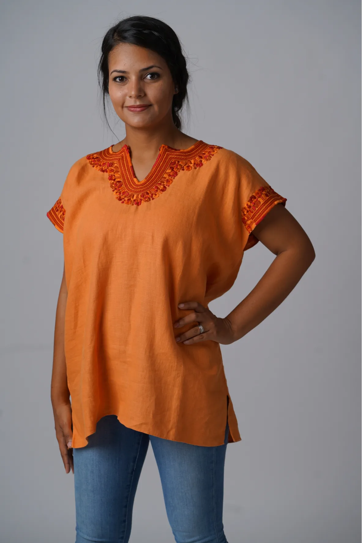 Kahlo Mexican Top - Linen -  Orange