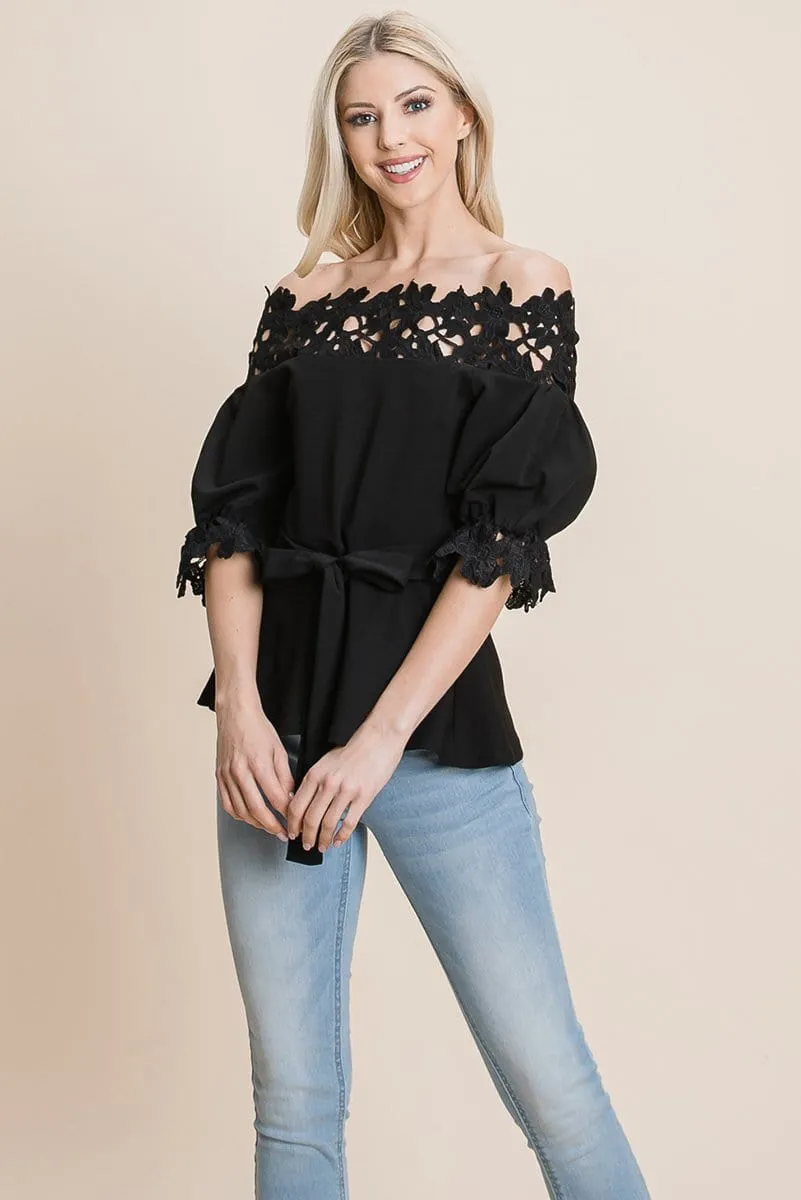 Lace Crochet Self Belted Off The Shoulder Tops with Back Zipper