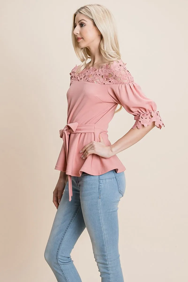 Lace Crochet Self Belted Off The Shoulder Tops with Back Zipper