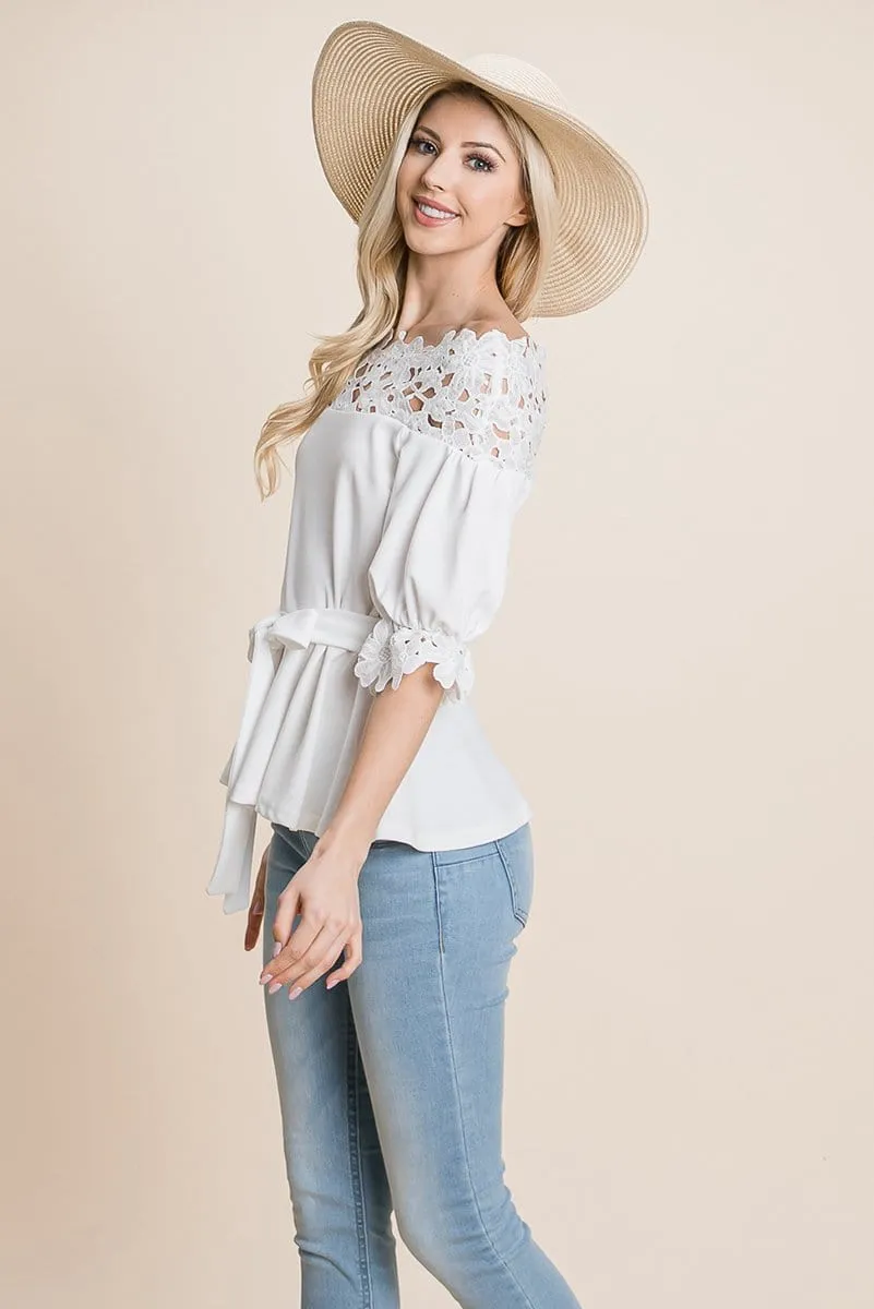 Lace Crochet Self Belted Off The Shoulder Tops with Back Zipper