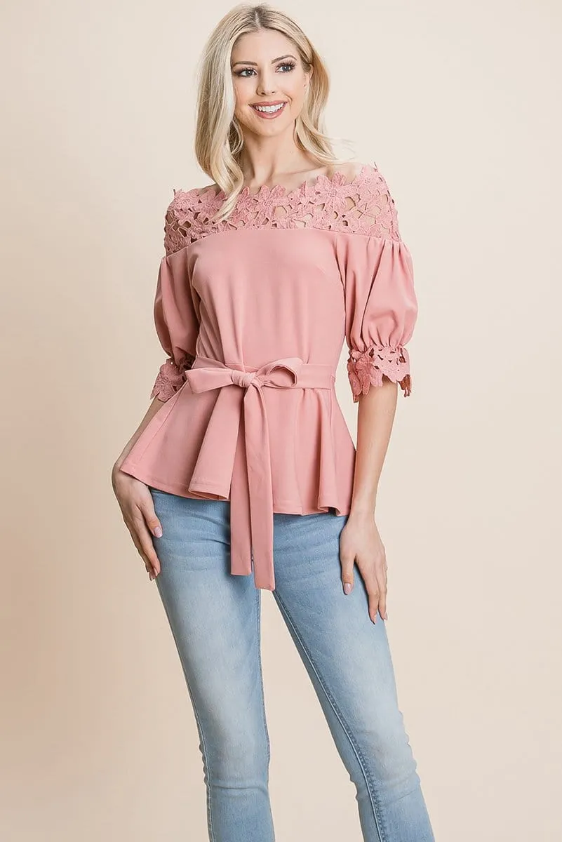 Lace Crochet Self Belted Off The Shoulder Tops with Back Zipper