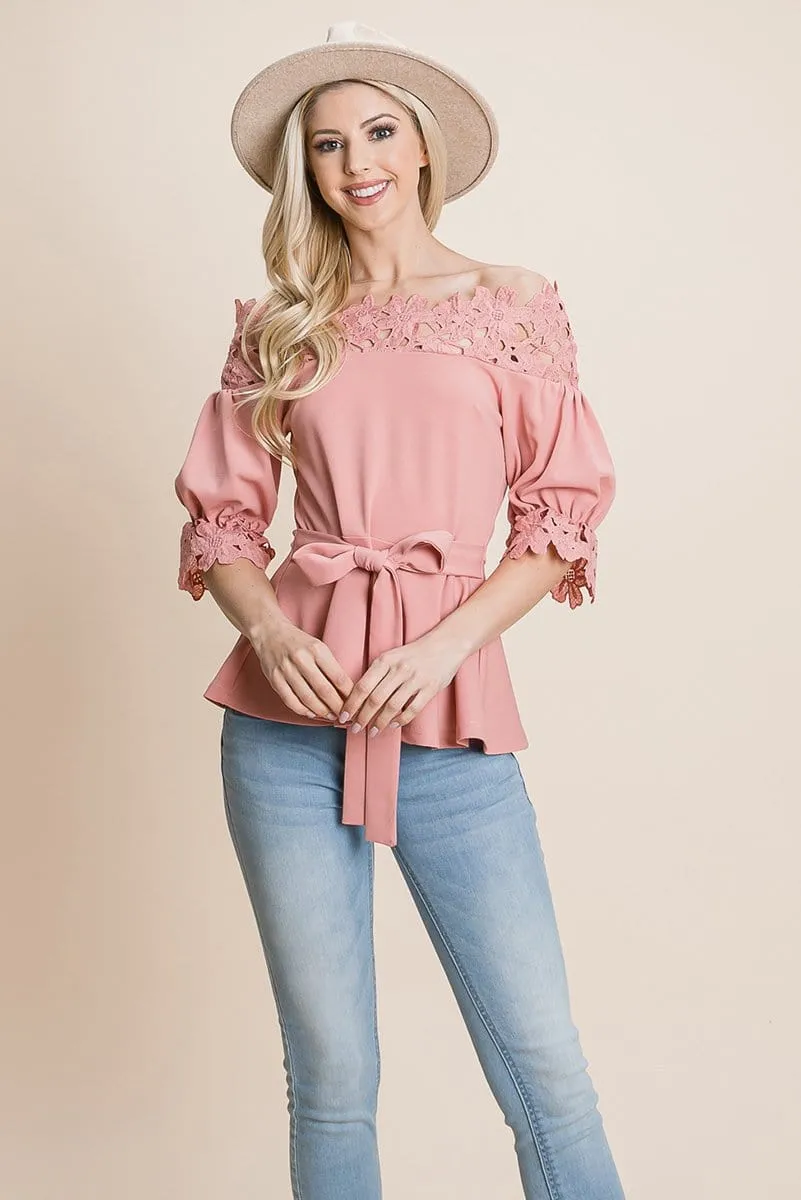 Lace Crochet Self Belted Off The Shoulder Tops with Back Zipper