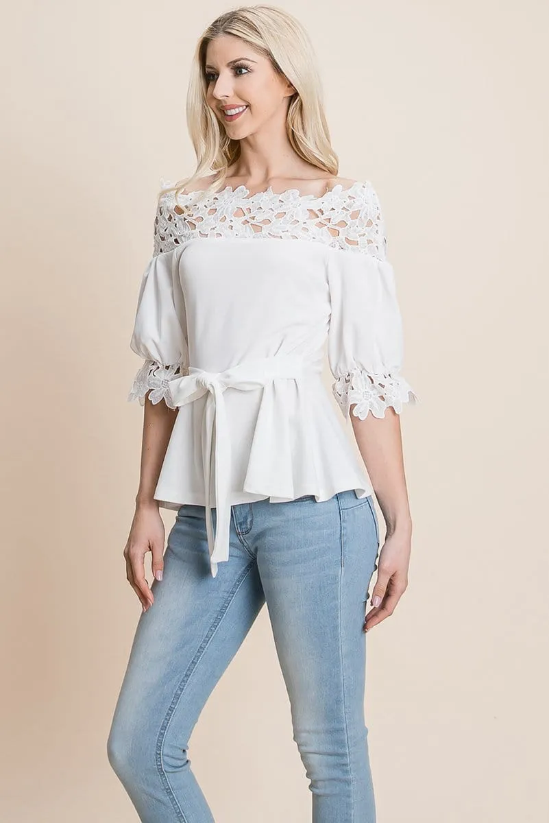 Lace Crochet Self Belted Off The Shoulder Tops with Back Zipper