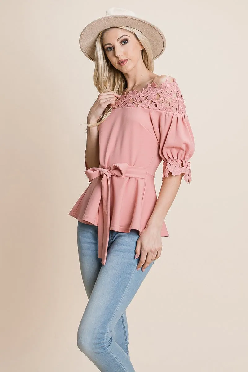 Lace Crochet Self Belted Off The Shoulder Tops with Back Zipper