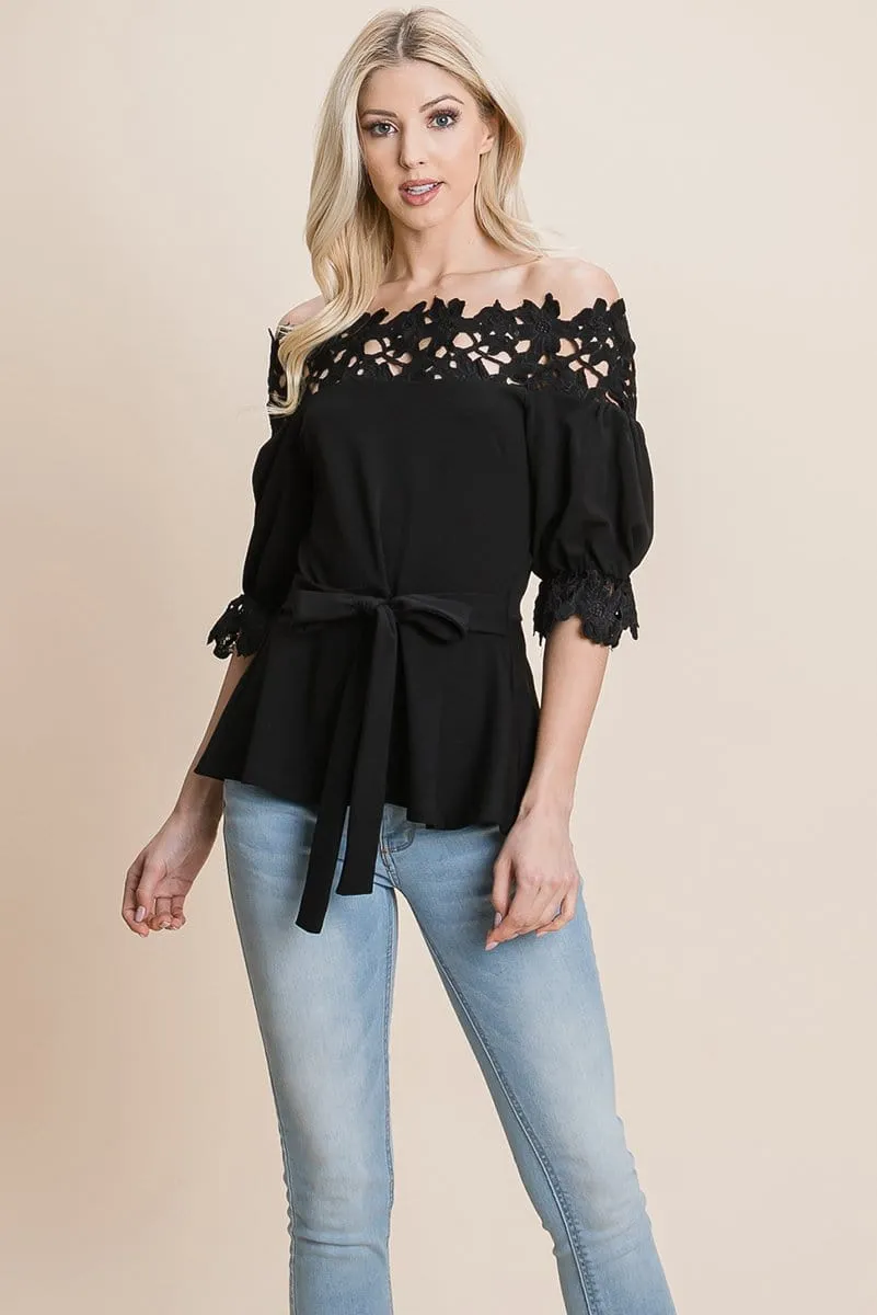 Lace Crochet Self Belted Off The Shoulder Tops with Back Zipper