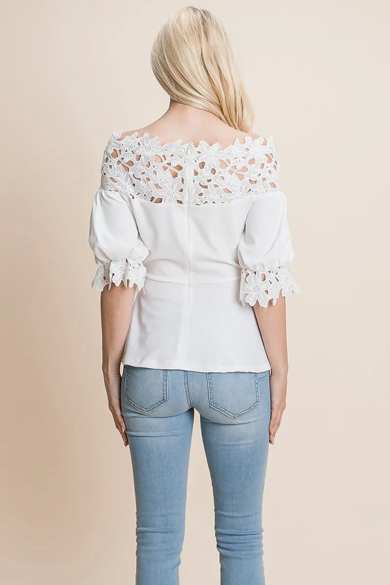 Lace Crochet Self Belted Off The Shoulder Tops with Back Zipper