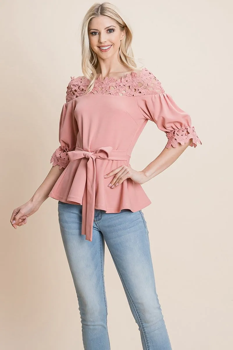 Lace Crochet Self Belted Off The Shoulder Tops with Back Zipper