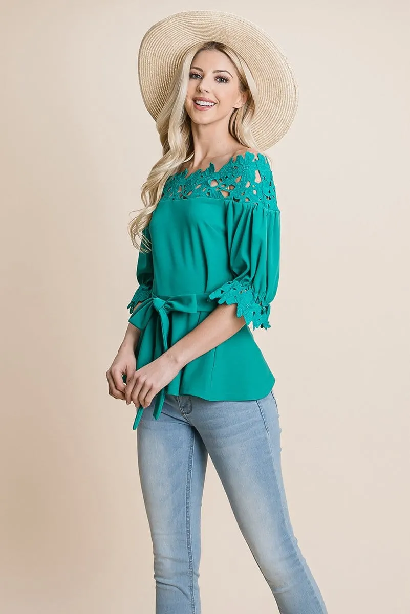 Lace Crochet Self Belted Off The Shoulder Tops with Back Zipper