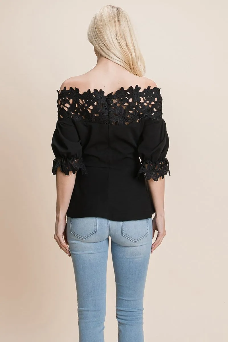 Lace Crochet Self Belted Off The Shoulder Tops with Back Zipper