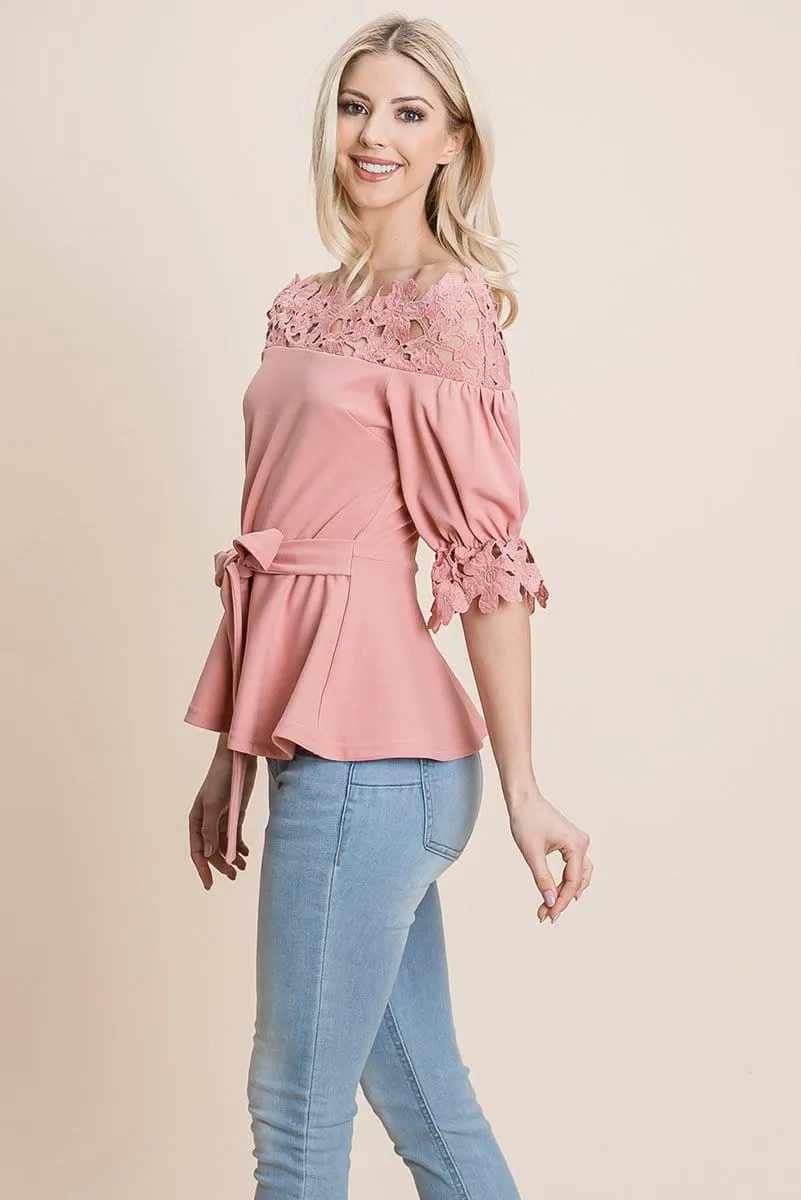 Lace Crochet Self Belted Off The Shoulder Tops with Back Zipper