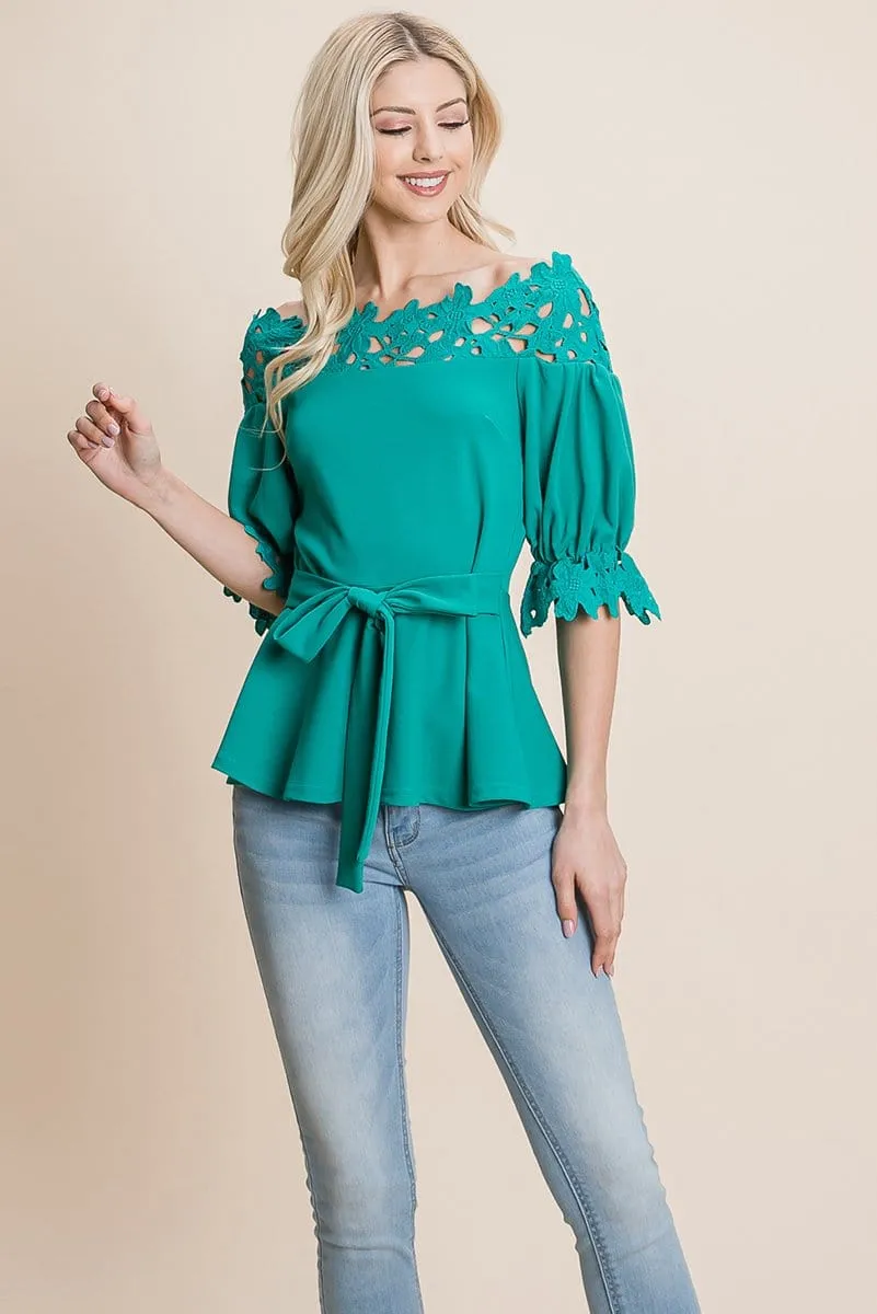 Lace Crochet Self Belted Off The Shoulder Tops with Back Zipper