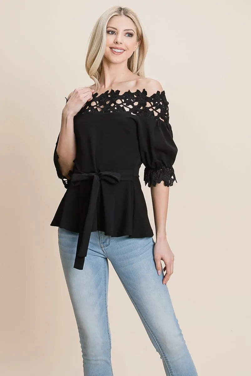 Lace Crochet Self Belted Off The Shoulder Tops with Back Zipper