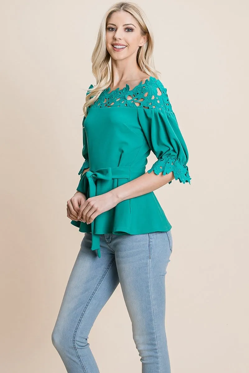 Lace Crochet Self Belted Off The Shoulder Tops with Back Zipper