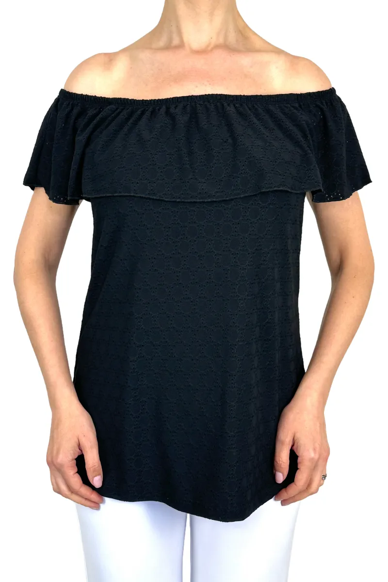 Ladies Off Shoulder Black Top - Quality Stretch Comfort Fabric - Sizes S - XXL - Made in Canada