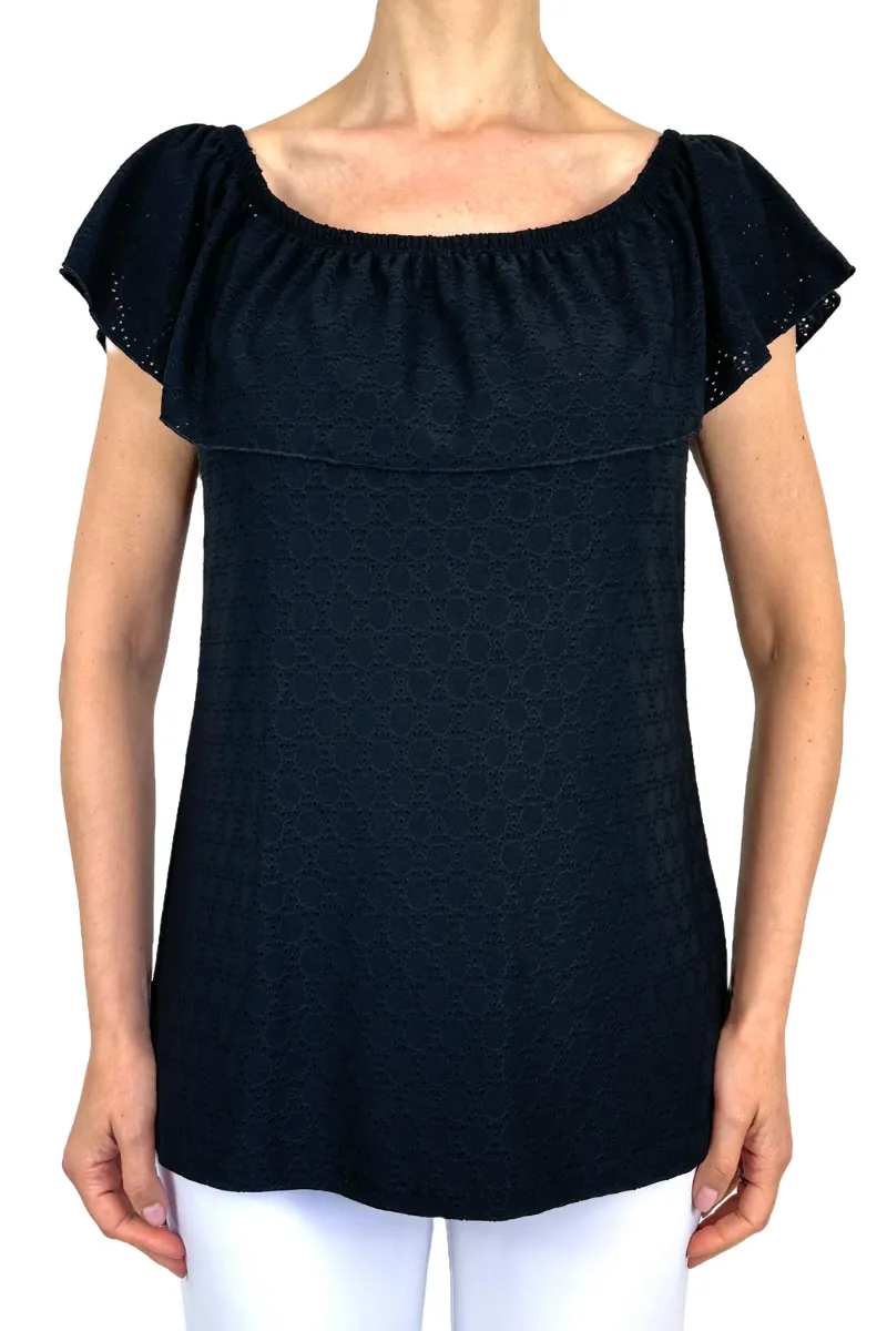 Ladies Off Shoulder Black Top - Quality Stretch Comfort Fabric - Sizes S - XXL - Made in Canada