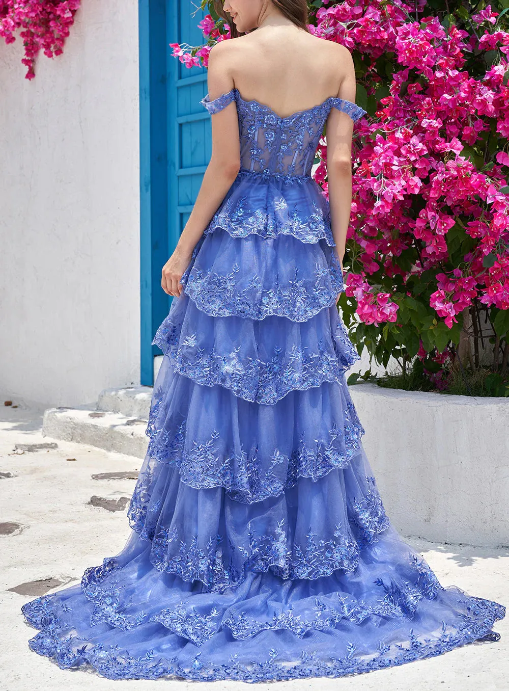 Long Formal Dresses Elegant Off Shoulder Corset Tiered Prom Dress with Slit