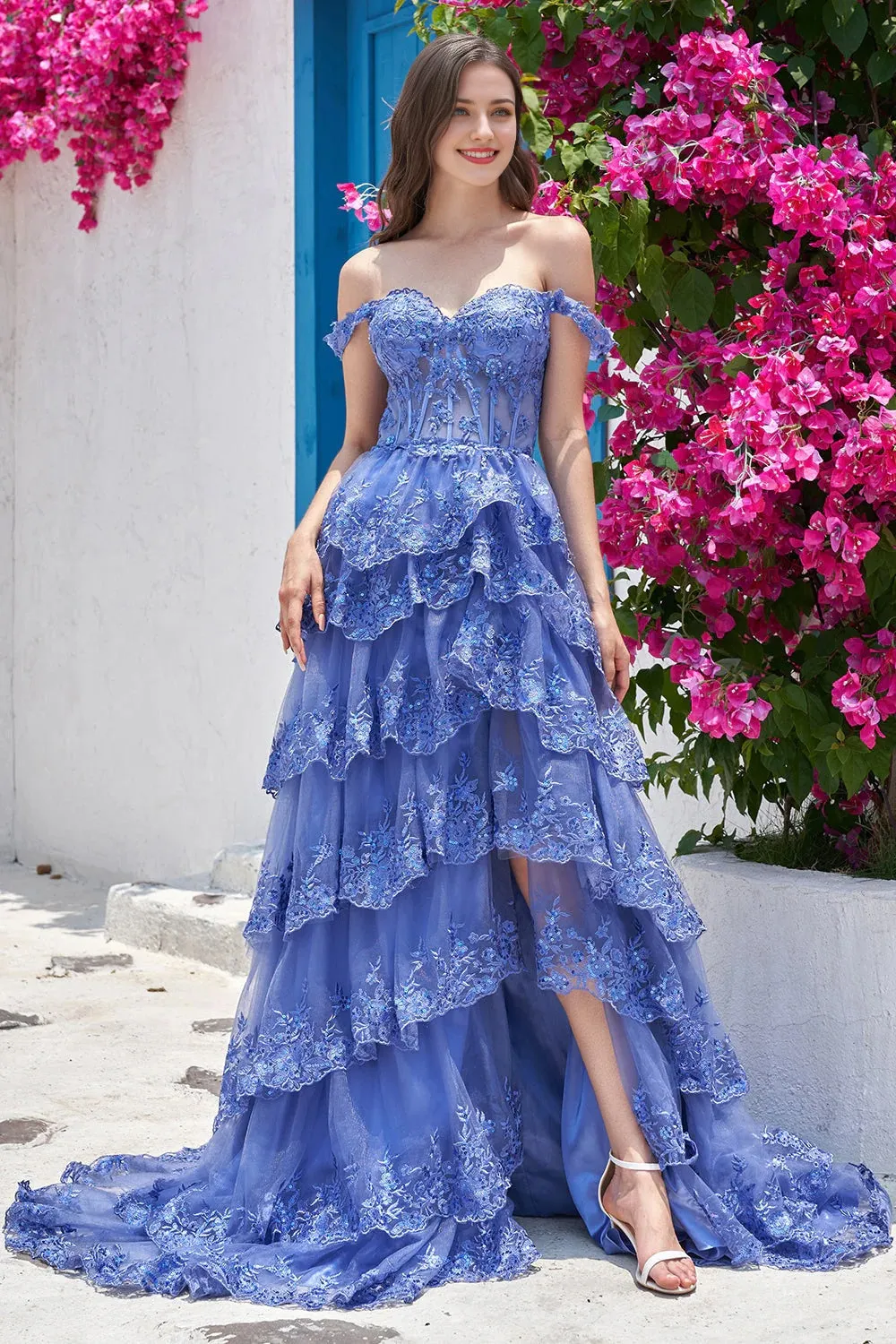 Long Formal Dresses Elegant Off Shoulder Corset Tiered Prom Dress with Slit