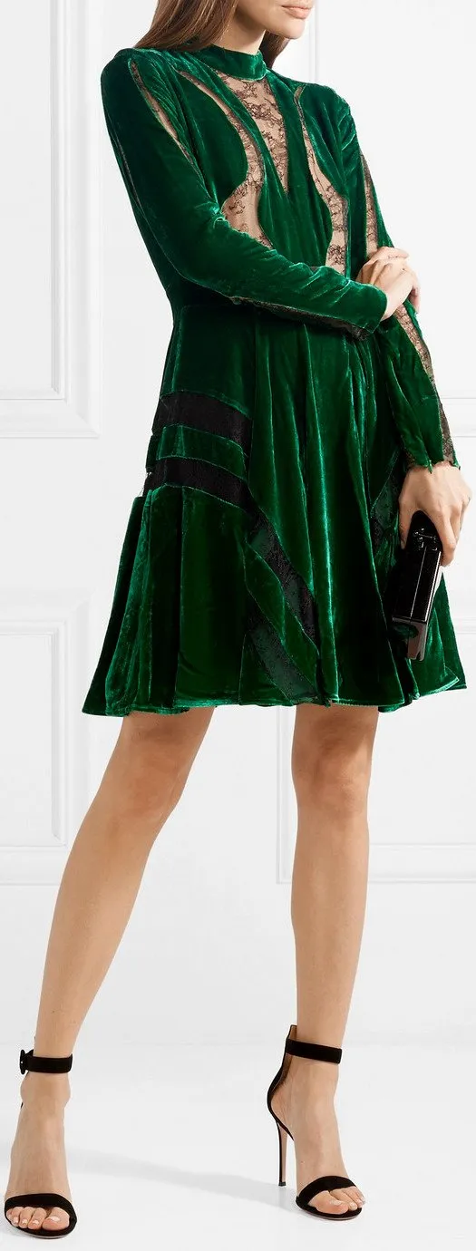 Long-Sleeve Lace-Inset Velvet Cocktail Dress, Green