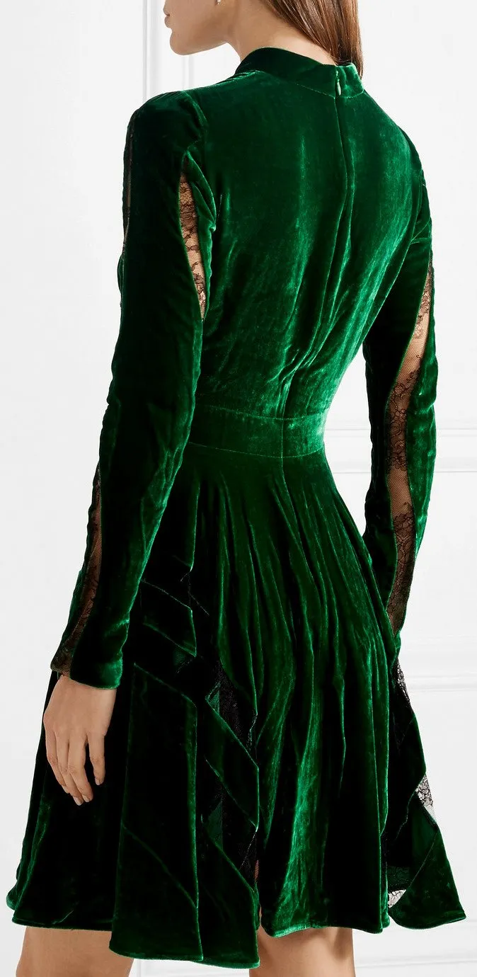 Long-Sleeve Lace-Inset Velvet Cocktail Dress, Green