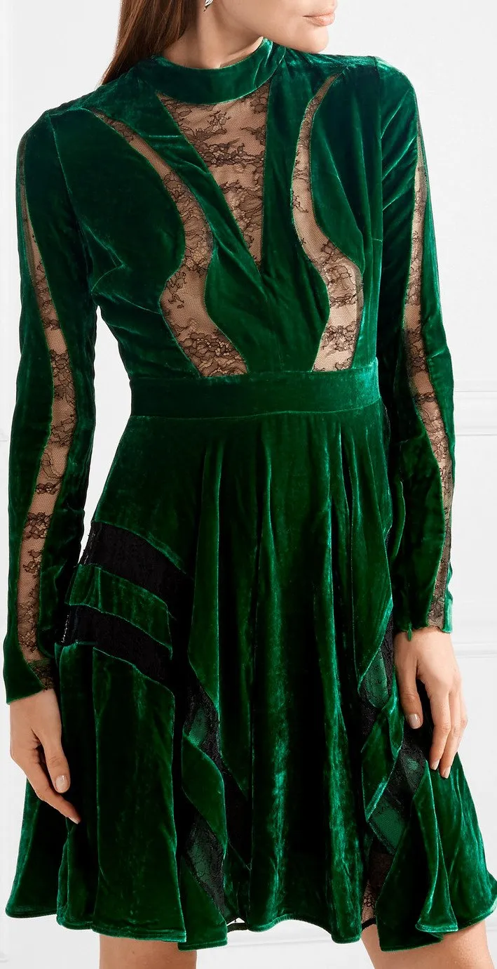 Long-Sleeve Lace-Inset Velvet Cocktail Dress, Green