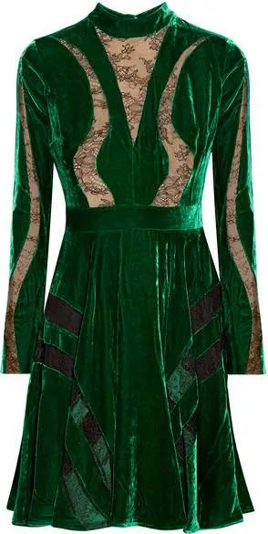 Long-Sleeve Lace-Inset Velvet Cocktail Dress, Green