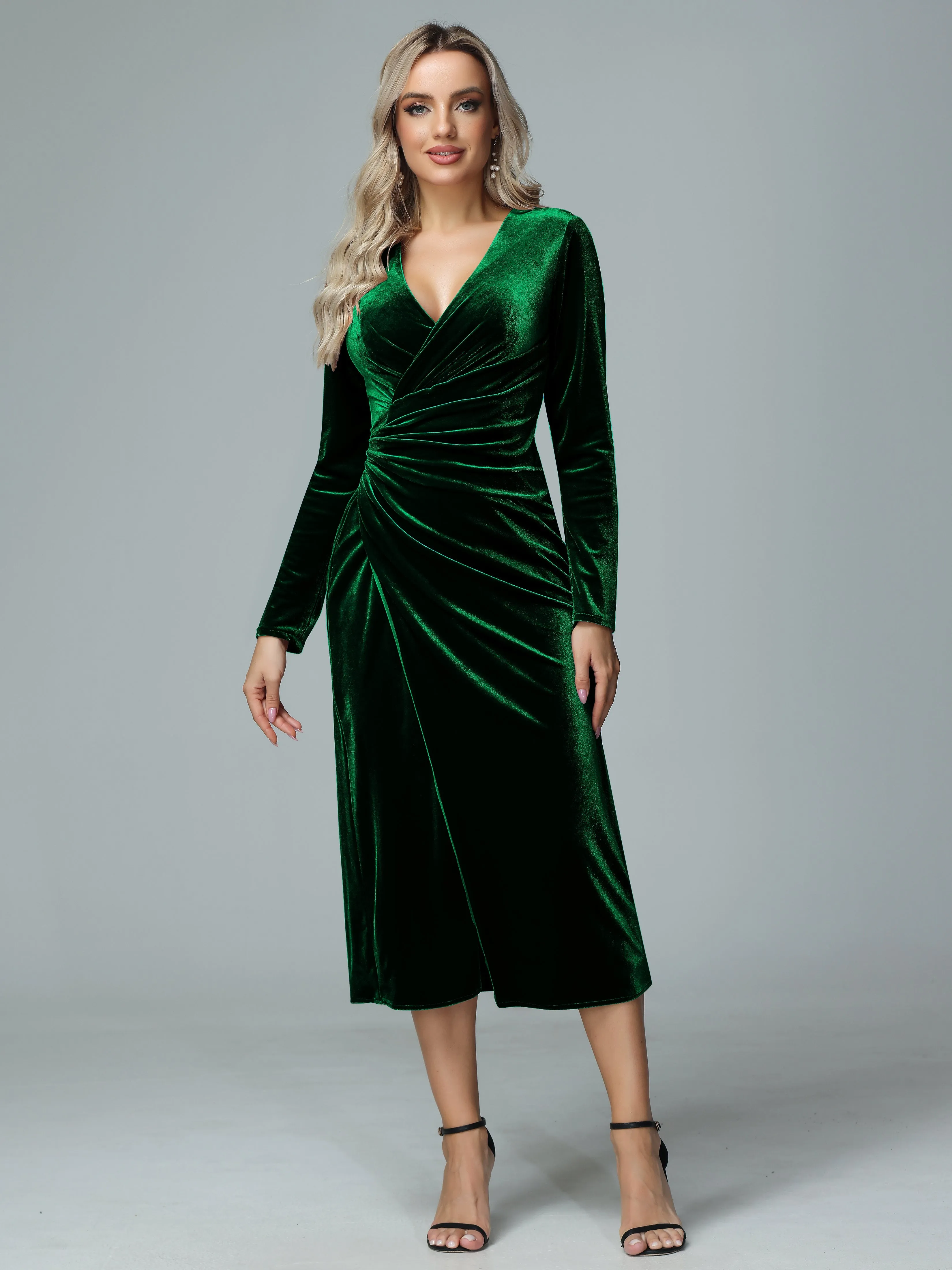 Long Sleeves V-neck Velvet Bridesmaid Dresses