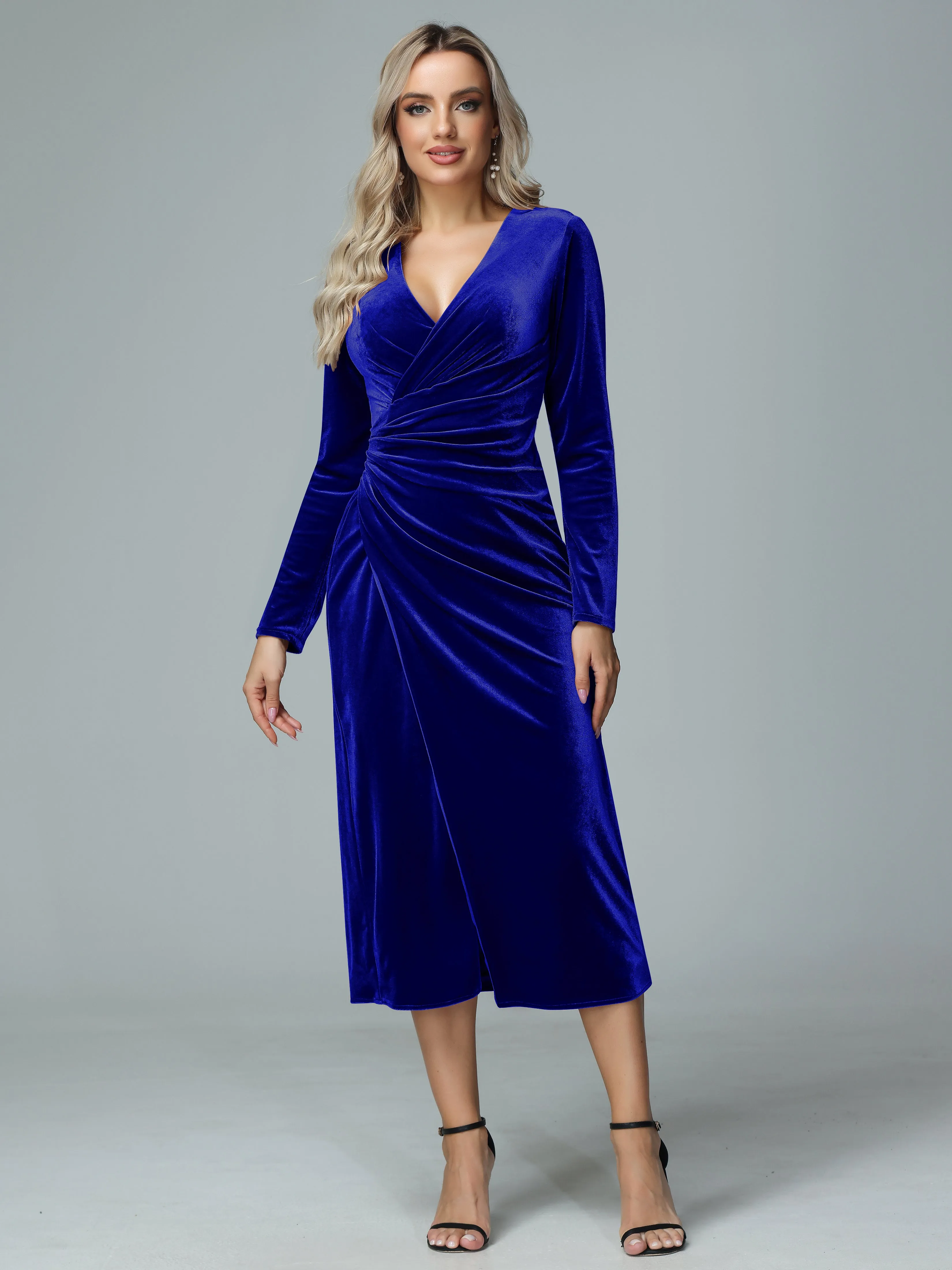 Long Sleeves V-neck Velvet Bridesmaid Dresses