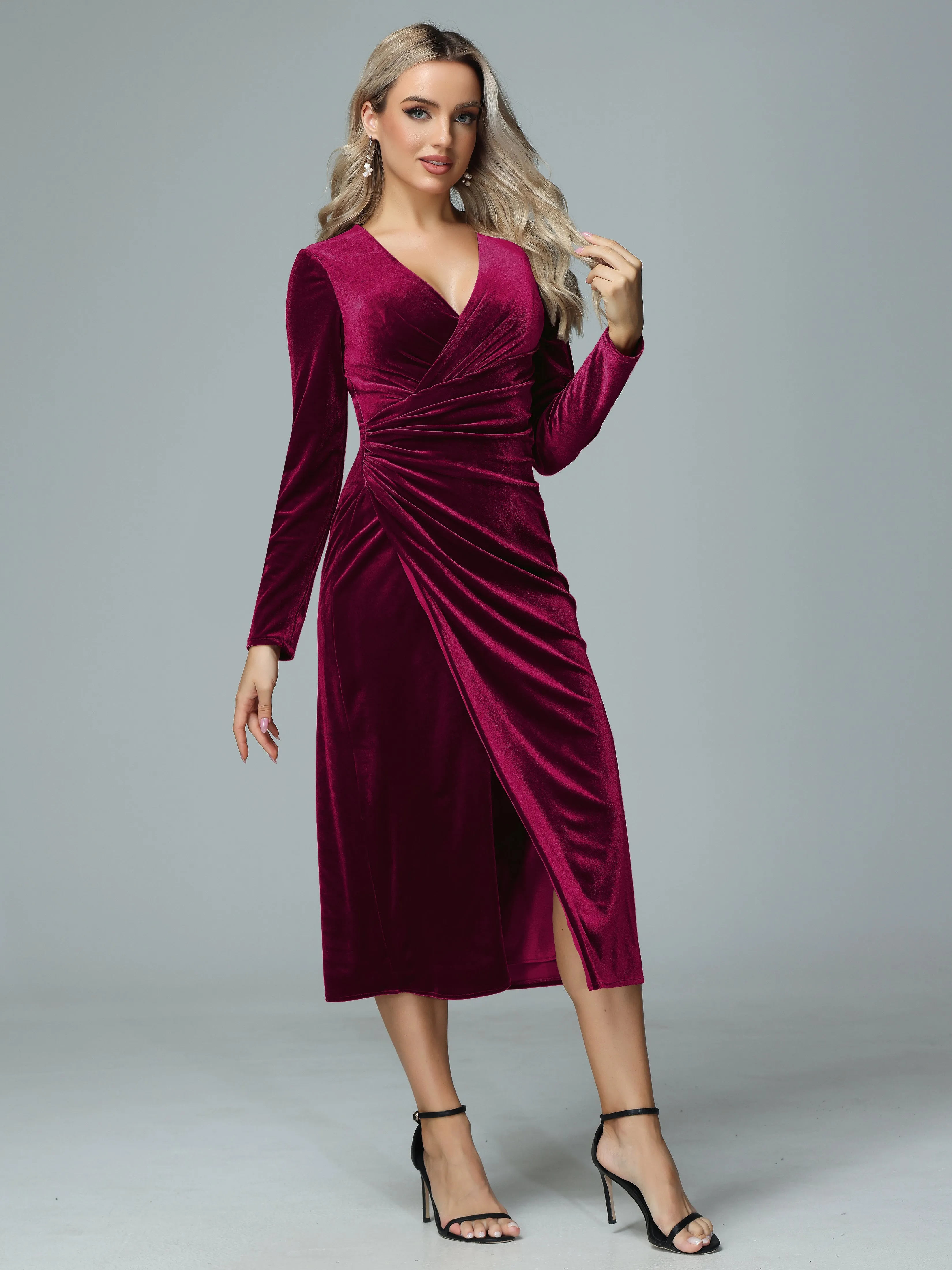 Long Sleeves V-neck Velvet Bridesmaid Dresses