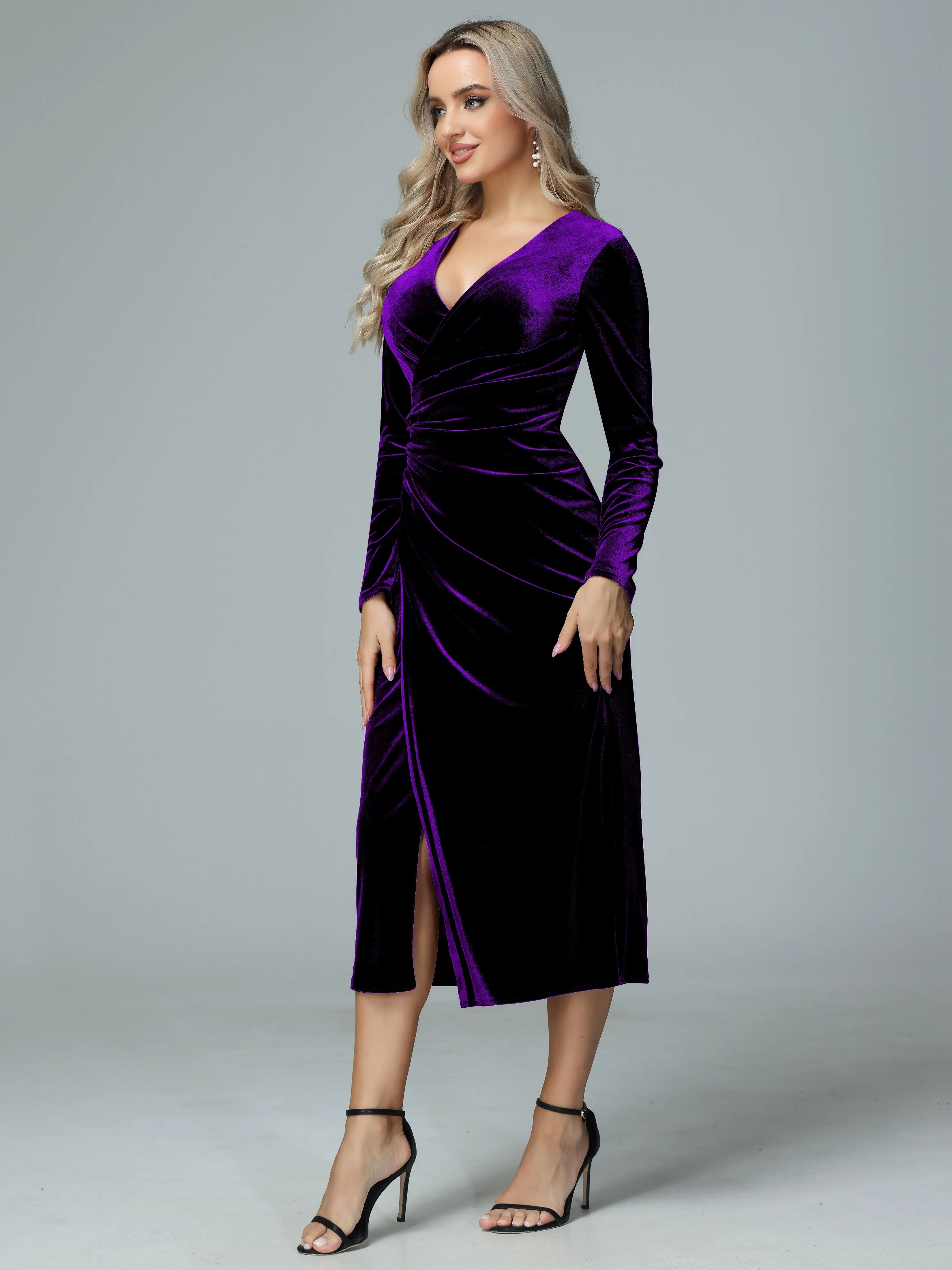 Long Sleeves V-neck Velvet Bridesmaid Dresses