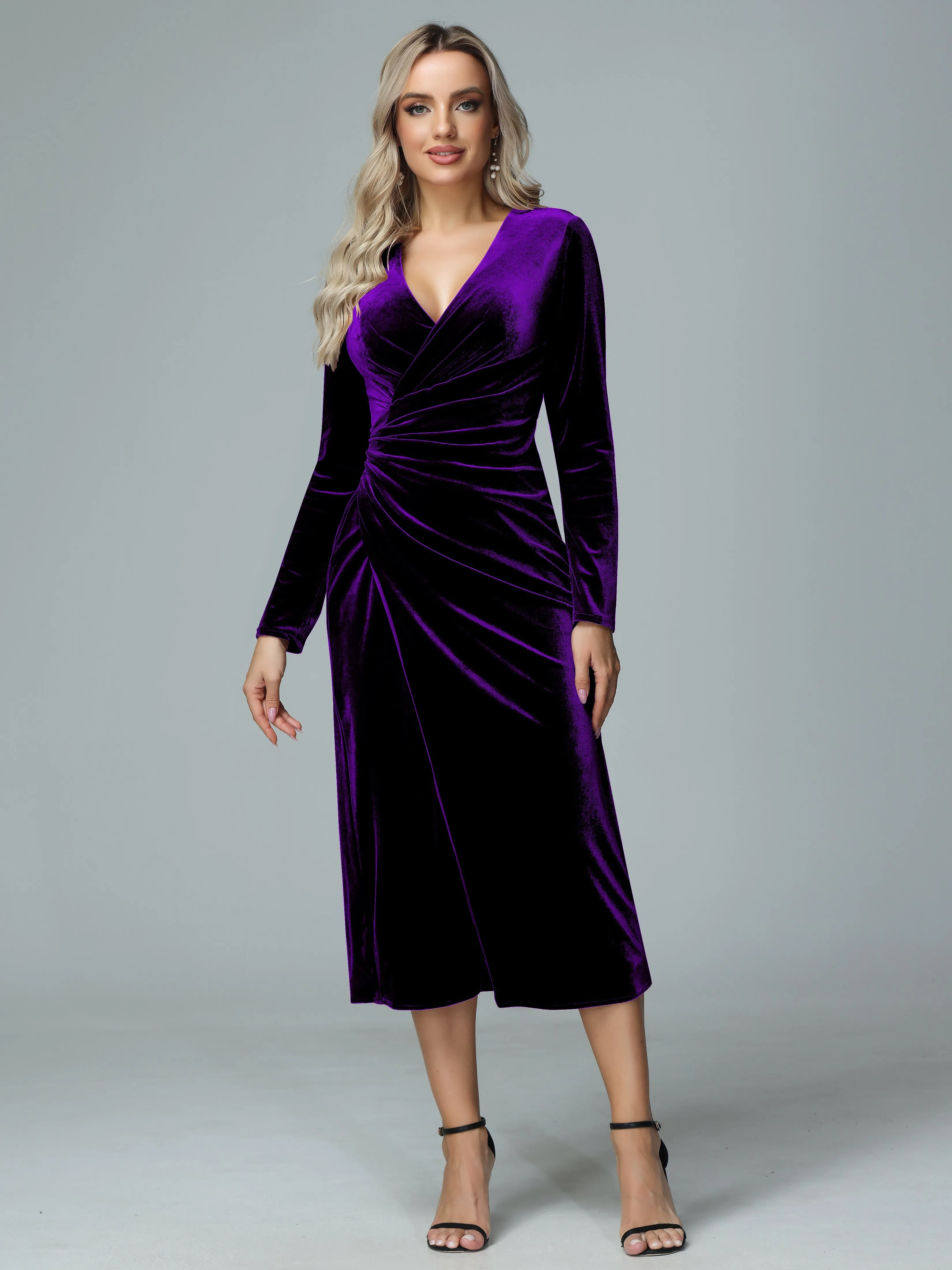 Long Sleeves V-neck Velvet Bridesmaid Dresses