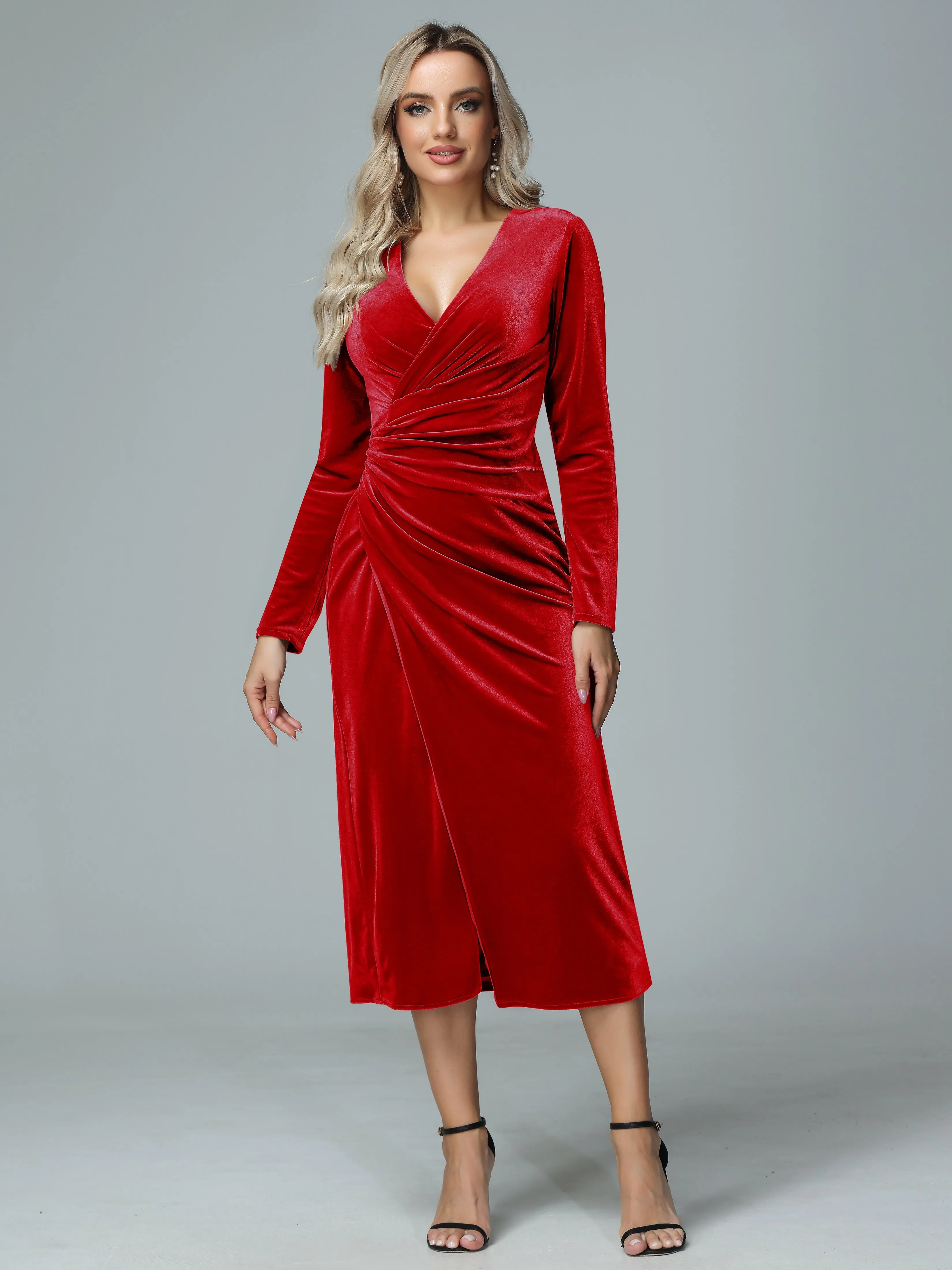 Long Sleeves V-neck Velvet Bridesmaid Dresses