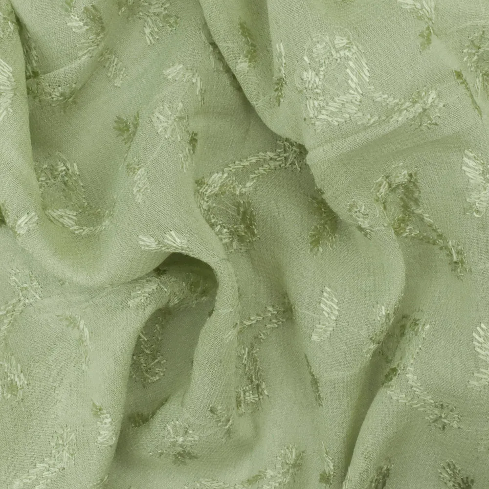 Matcha Green Floral Embroidered Rayon Chiffon Woven Fabric