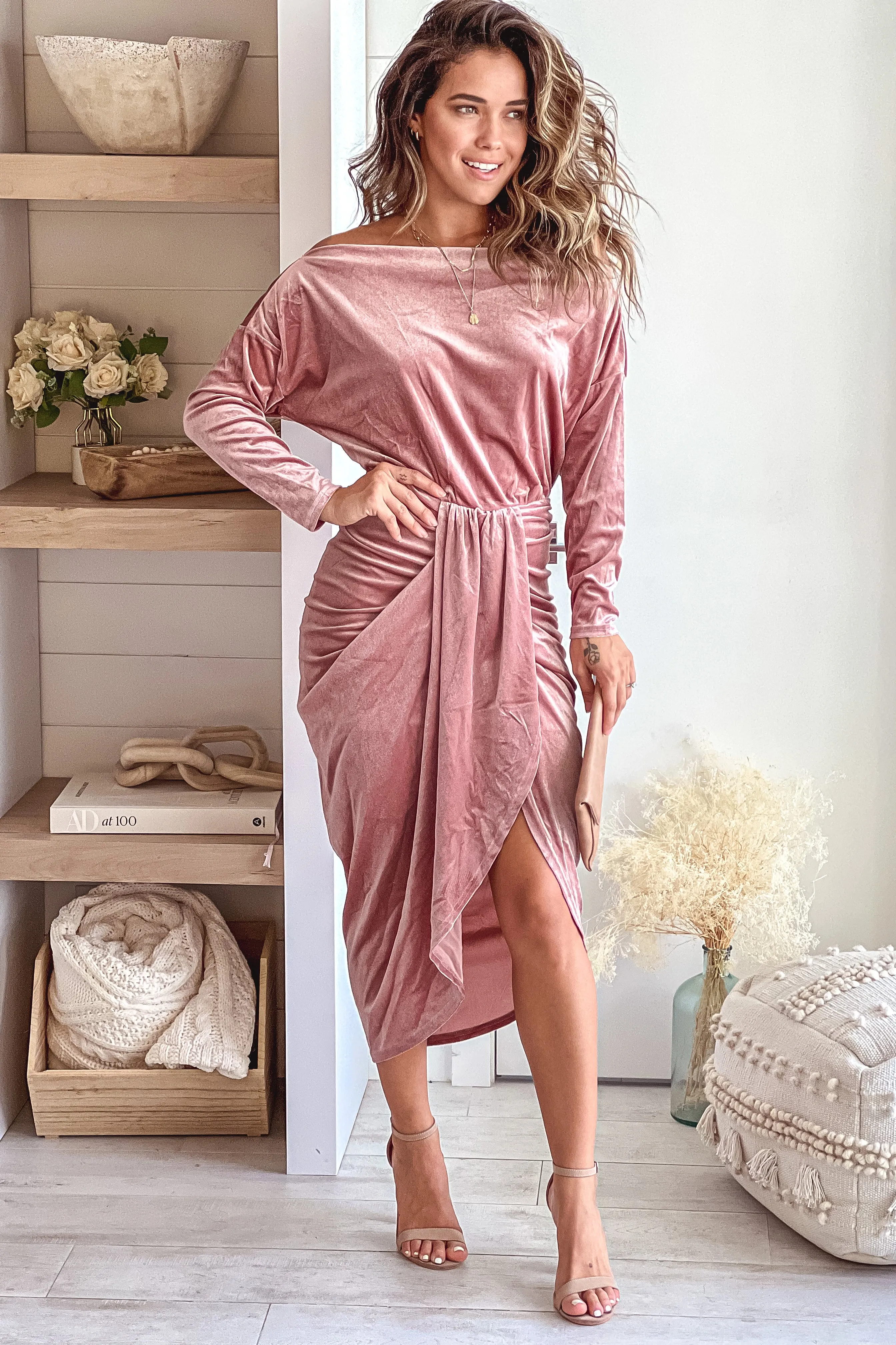 Mauve Velvet Ruched Dress With Long Sleeves