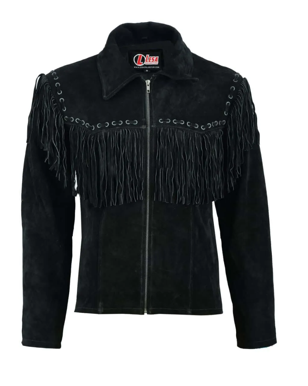 Mens Black Suede Cowboy Western Leather Jacket With Fringe