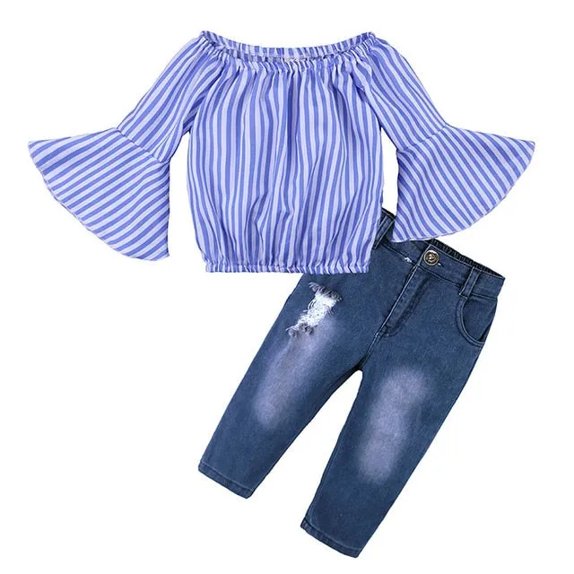 Off Shoulder Blue Striped Tops Denim