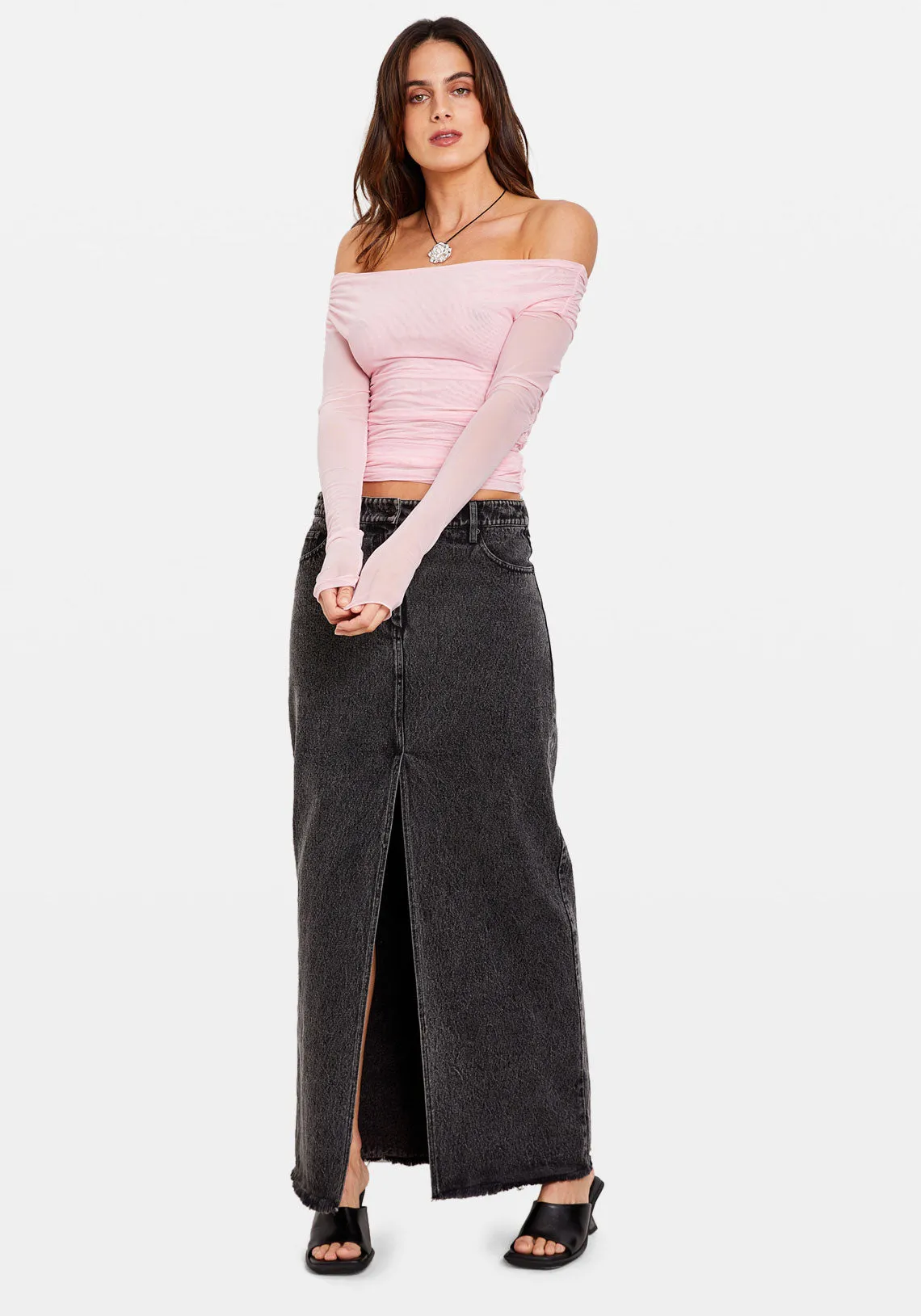 OFF SHOULDER MESH TOP BUBBLEGUM