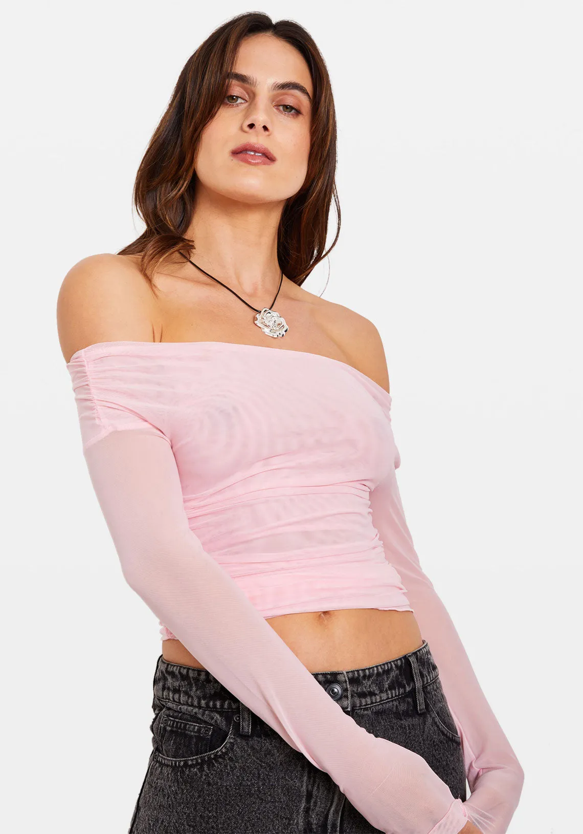 OFF SHOULDER MESH TOP BUBBLEGUM