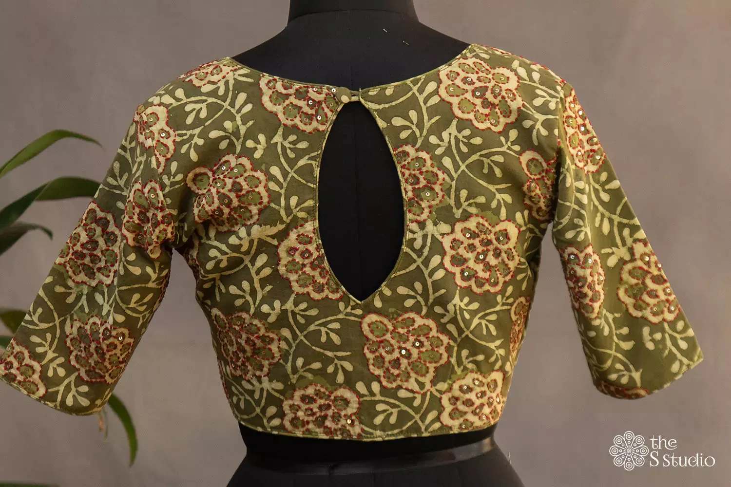 Olive green cotton printed blouse with embroidery