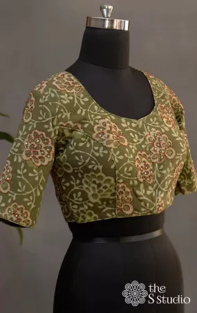 Olive green cotton printed blouse with embroidery