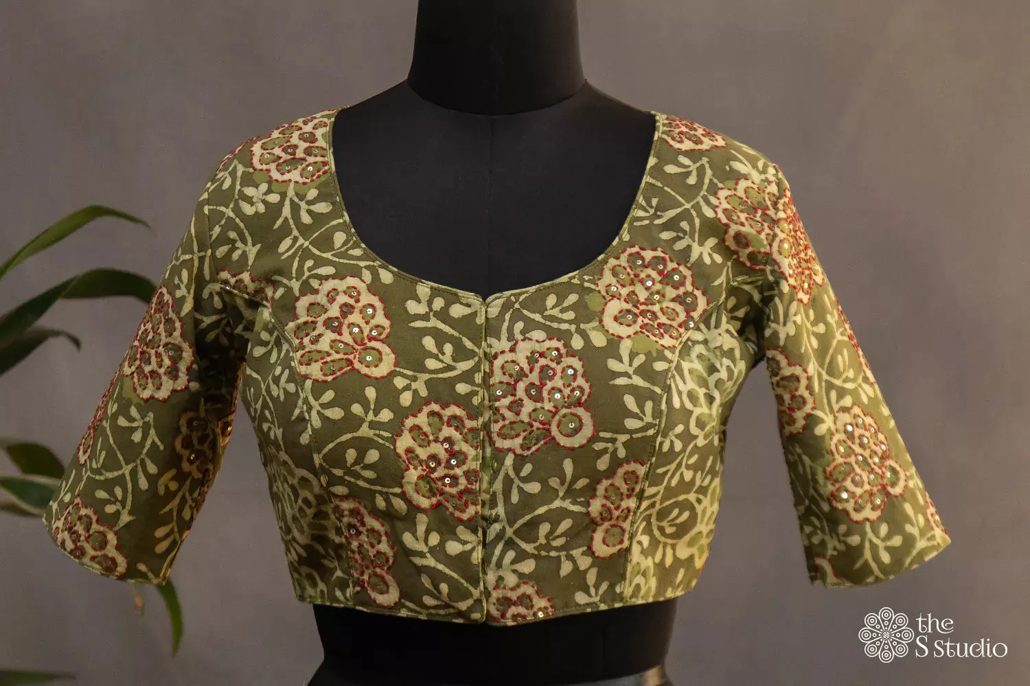 Olive green cotton printed blouse with embroidery