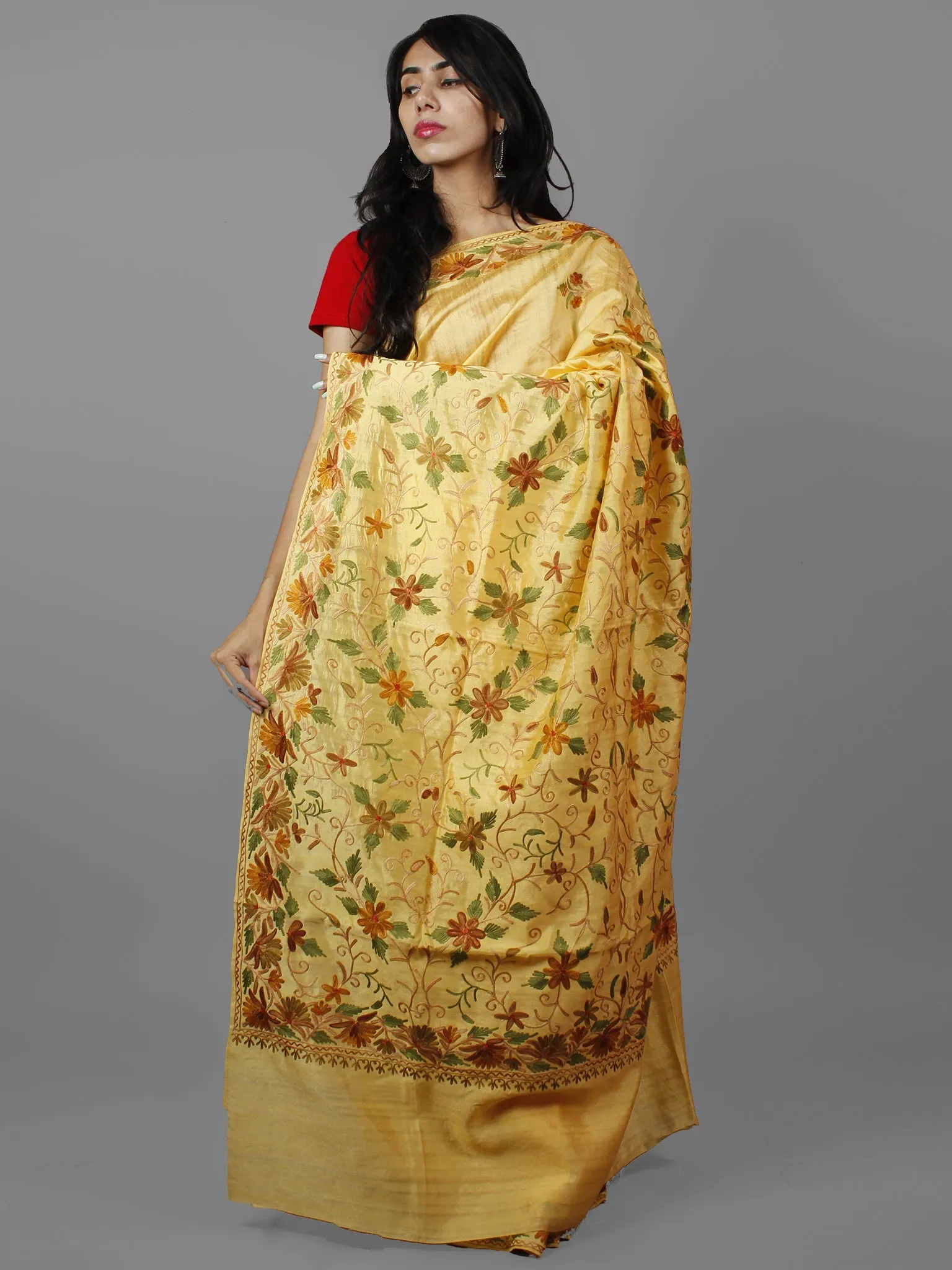 Pastel Yellow Brown Green Aari Embroidered Bhagalpuri Silk Saree From Kashmir  - S031702151